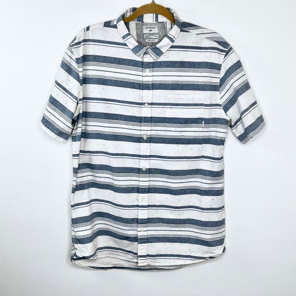 Quiksilver Men Short Sleeve Button Up Shirt Large Regular Fit Blue White Stripe